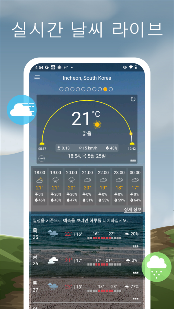 일기 예보, 7일 및 24시간 예보,온도, 체감 온도, 습도, 강수량, 풍속, 자외선 지수