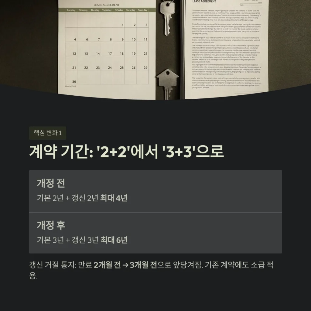 2026년 개정 주택임대차보호법 핵심 정리: 무엇이 바뀌었나? 2 계약 기간: '2+2'에서 '3+3'으로
