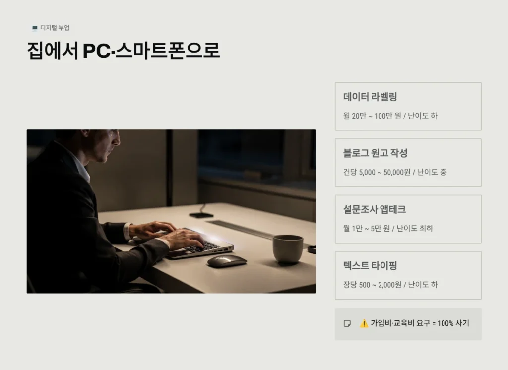 최신 부업 추천 TOP 20: 초보자도 집에서 월 50만 원 더 버는 현실적인 방법 3 집에서 PC·스마트폰으로